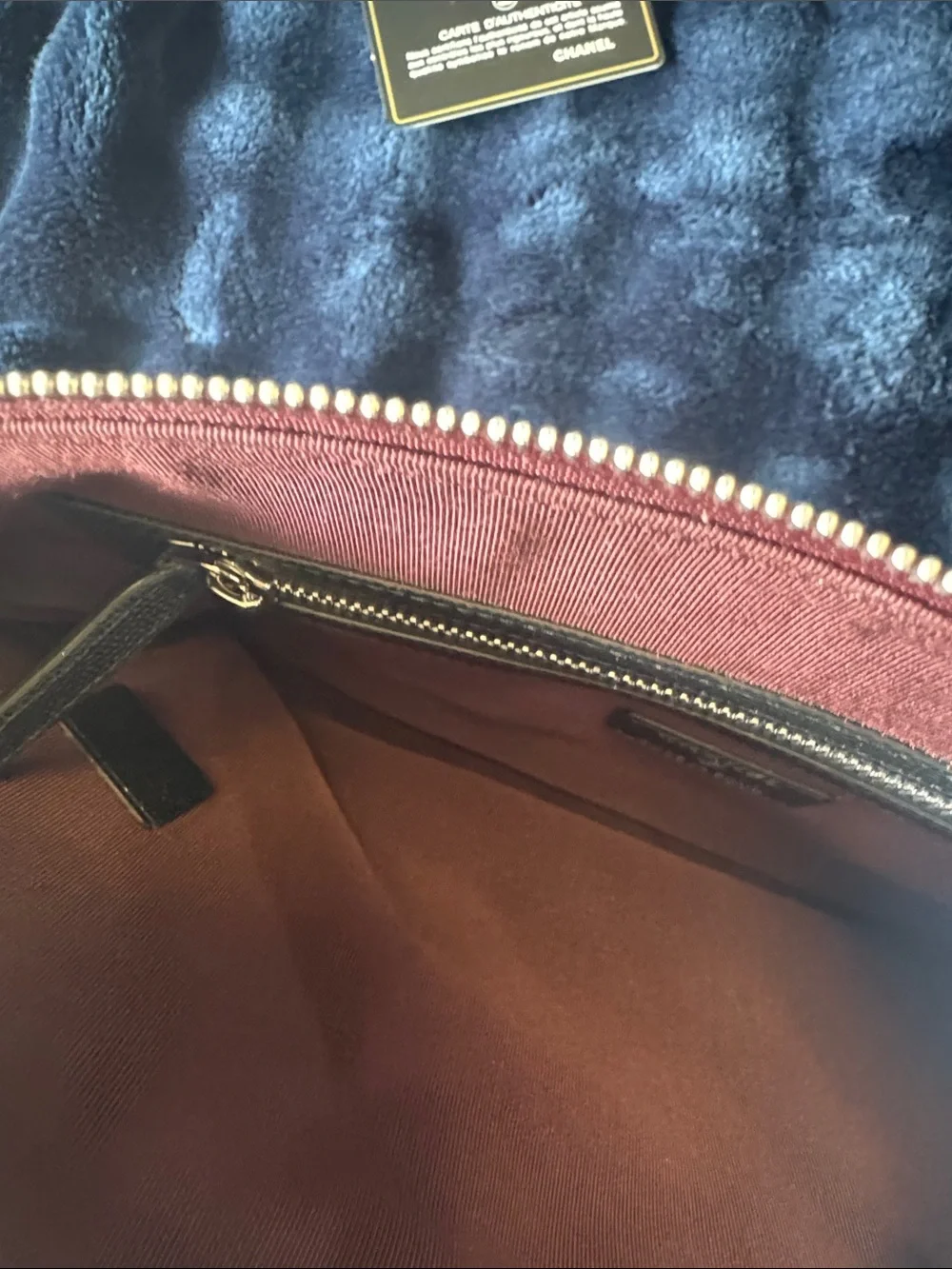 CHANEL Black Quilted Caviar Leather Zip Pouch with Burgundy Trim